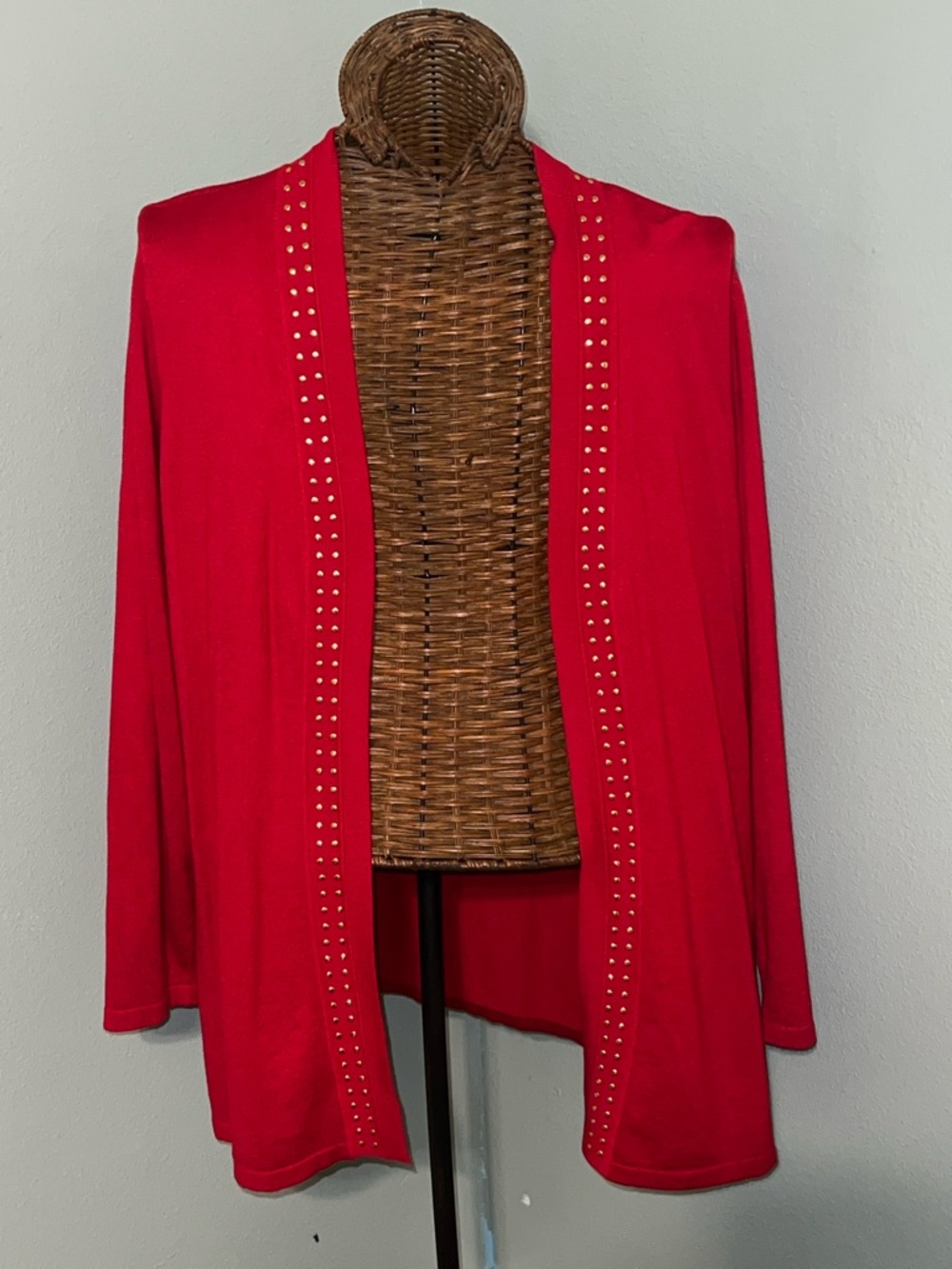 Red Open Front Cardigan with Stud Trim